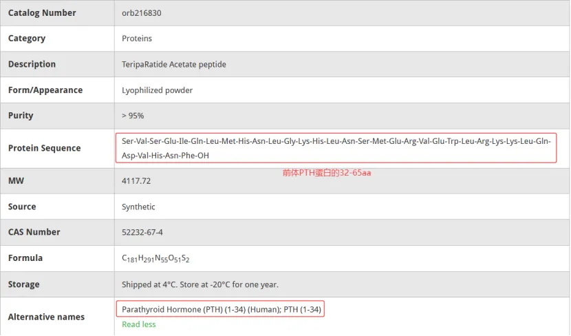 Biorbyt orb216830 Teriparatide Acetate PTH 1-34肽的产品序列与分子量信息