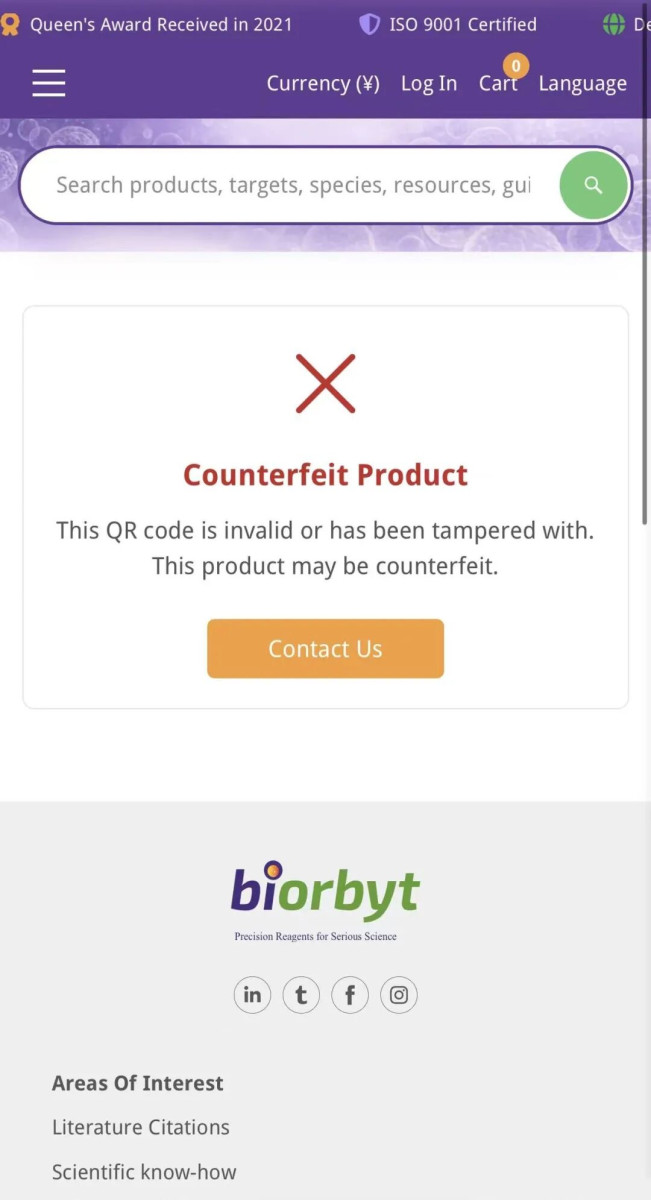 扫码结果示例：Counterfeit Product 红色警示